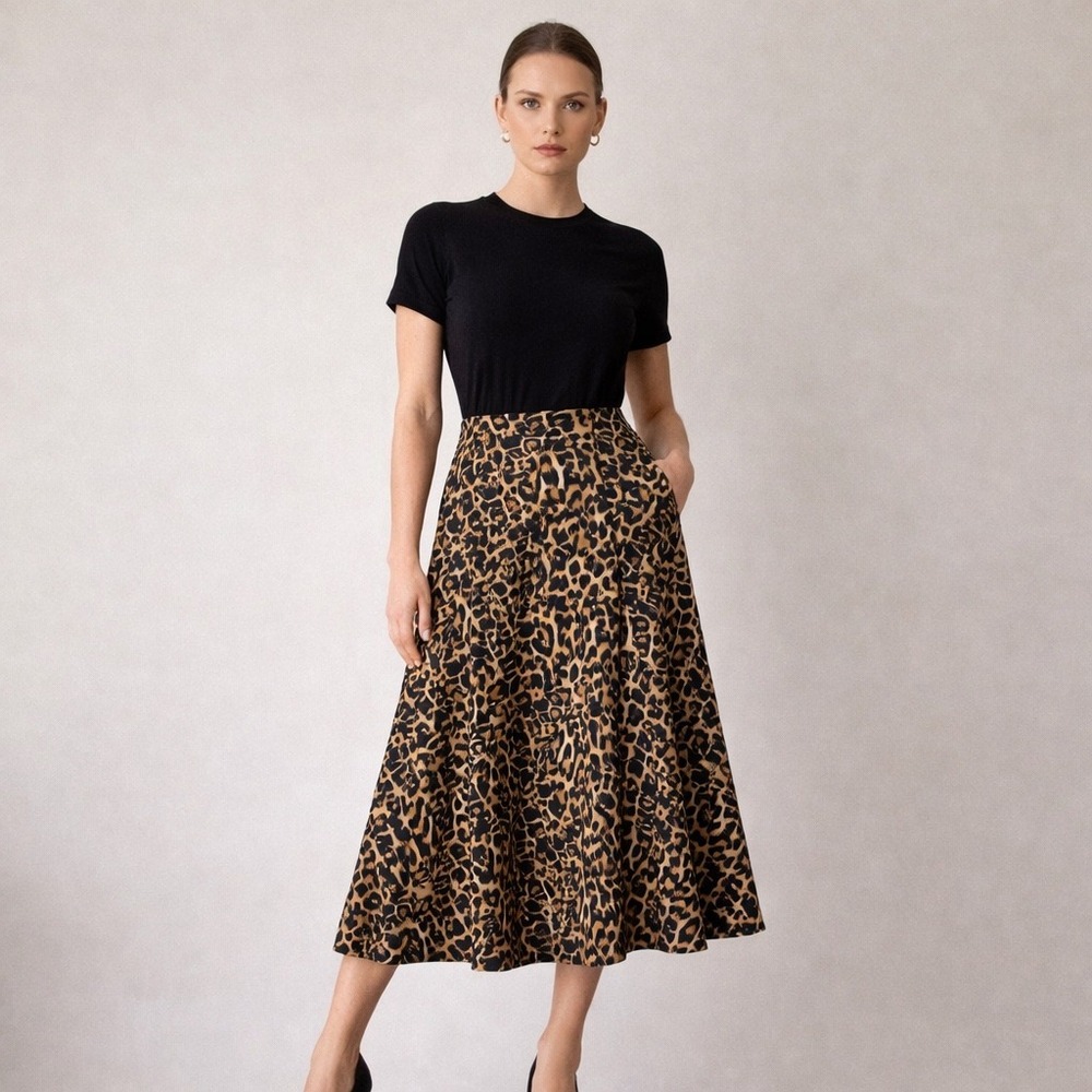 Leopard Print Skirt Womens Large‎ Tan Black Midi A-Line Stretch  Carole Wren